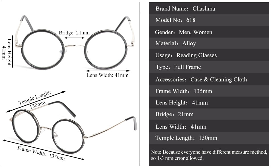 Chashma Ochki Unisex Full Rim Round Alloy Reading Glasses 618 Reading Glasses Chashma Ochki