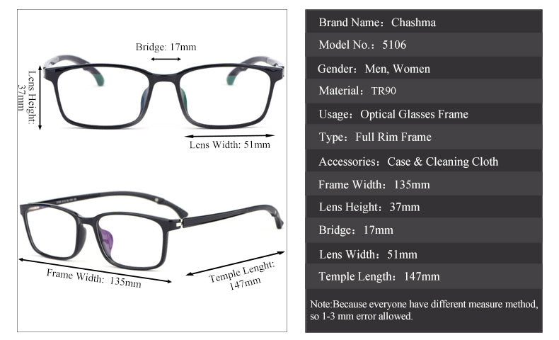 Chashma Ochki Unisex Full Rim Square Tr 90 Titanium Eyeglasses 5106 Full Rim Chashma Ochki