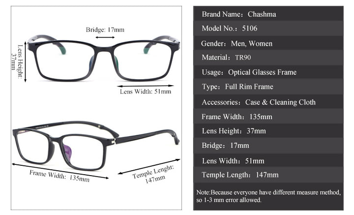 Chashma Ochki Unisex Full Rim Square Tr 90 Titanium Eyeglasses 5106 Full Rim Chashma Ochki