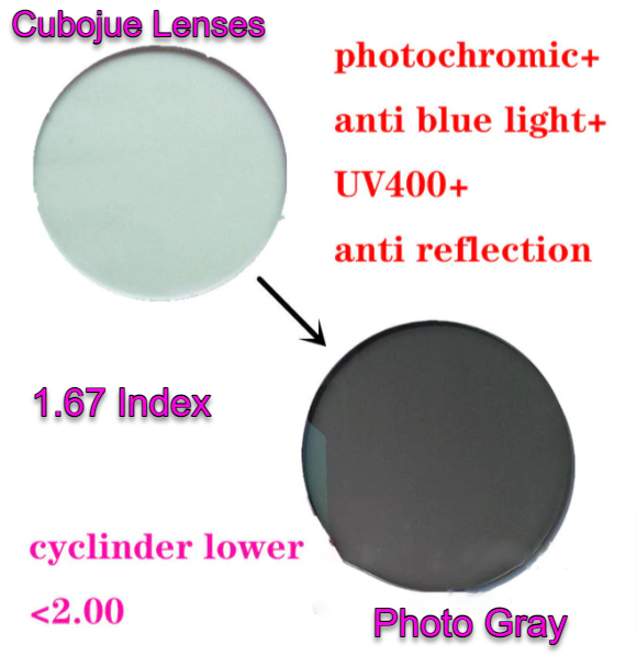 Cubojue Photochromic Low Cylinder Polycarbonate Single Vision Lenses Lenses Cubojue Lenses 1.67 Photo Gray