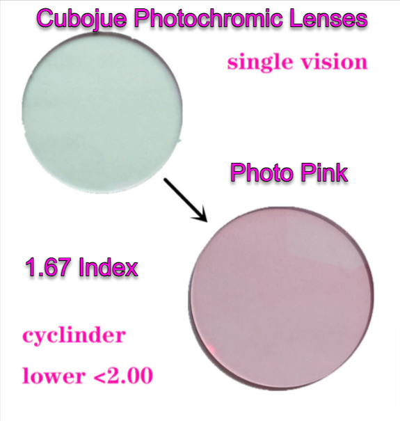 Cubojue Photochromic Low Cylinder Polycarbonate Single Vision Lenses Lenses Cubojue Lenses 1.67 Photo Pink