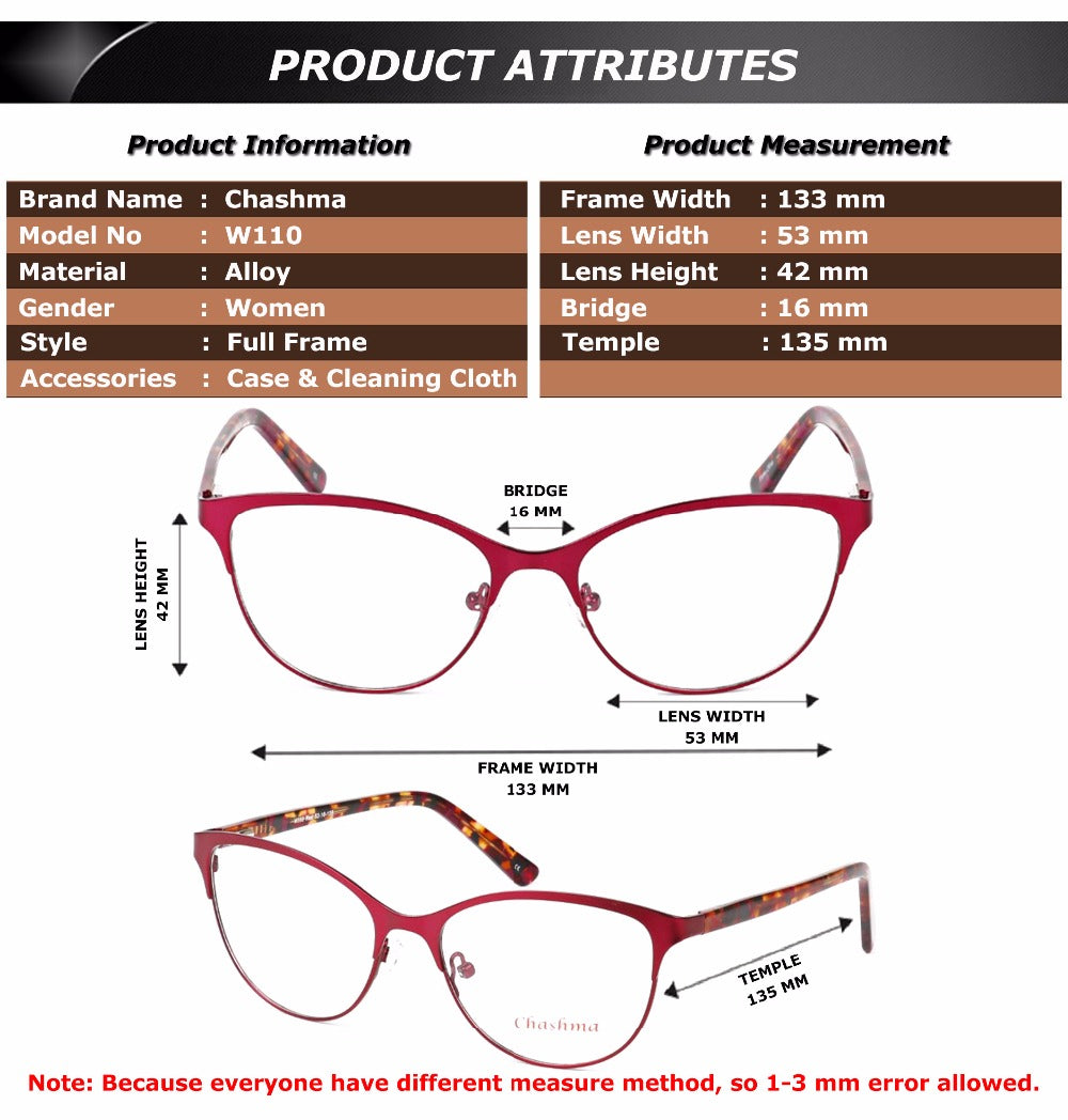 Chashma Brand Women's Frame Glasses Cat Eyes Top Quality W110 Full Rim Chashma