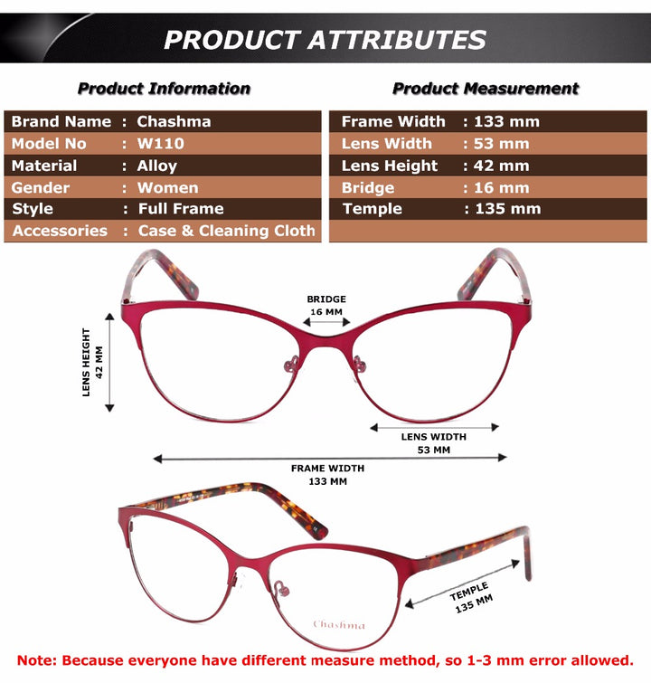Chashma Brand Women's Frame Glasses Cat Eyes Top Quality W110 Full Rim Chashma