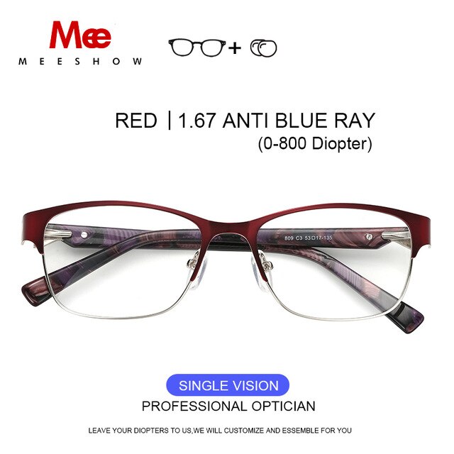 Meeshow Titanium Alloy Eyeglasses Women's Cat Eye 809 Full Rim Meeshow Red 1.67 Anti Blue