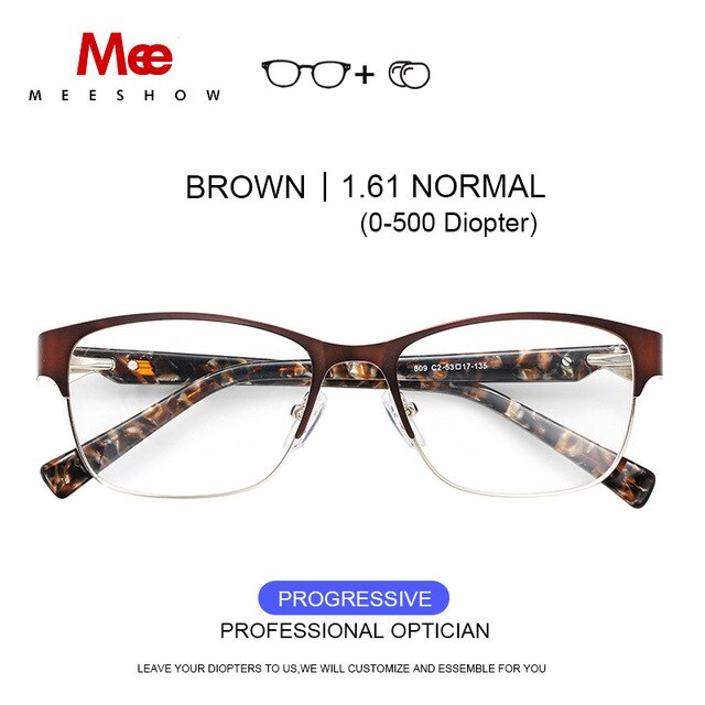 Meeshow Titanium Alloy Eyeglasses Women's Cat Eye 809 Full Rim Meeshow BRN 1.61 Progressive