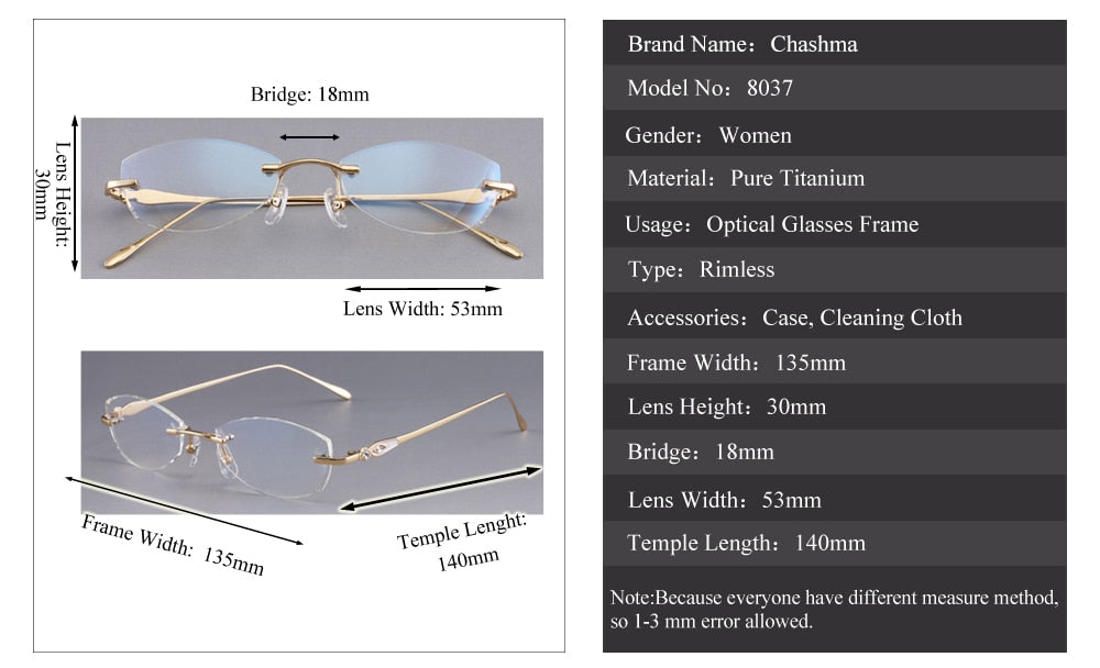 Chashma Designer Eyeglasses Diamond Rimless Titanium Stone Lenses Women 8037 Rimless Chashma
