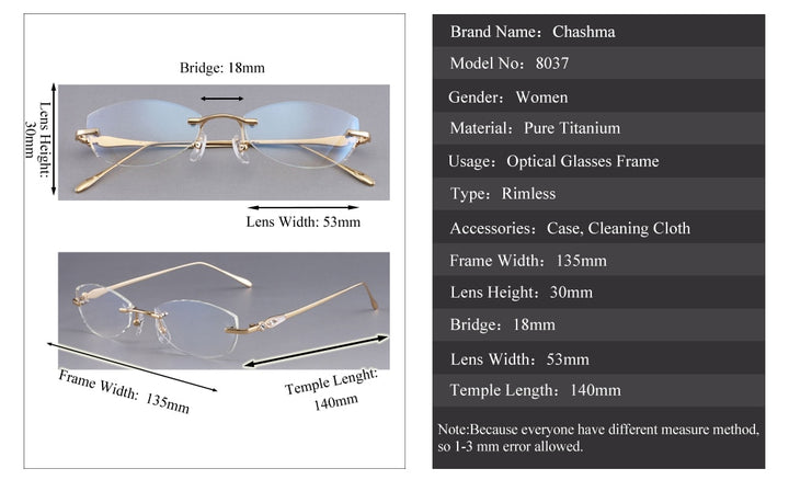 Chashma Designer Eyeglasses Diamond Rimless Titanium Stone Lenses Women 8037 Rimless Chashma