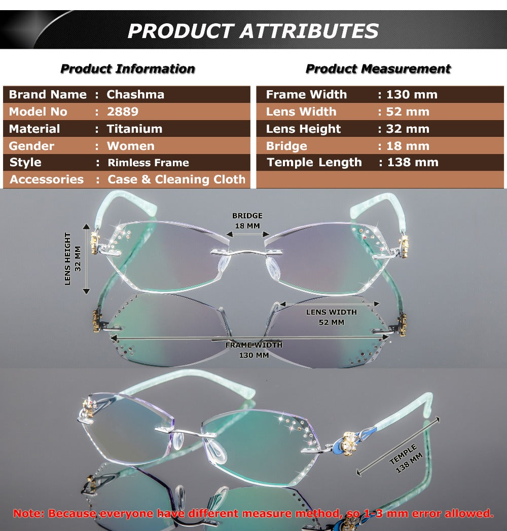 Chashma Women's Rimless Square Titanium Eyeglasses 2889 Rimless Chashma