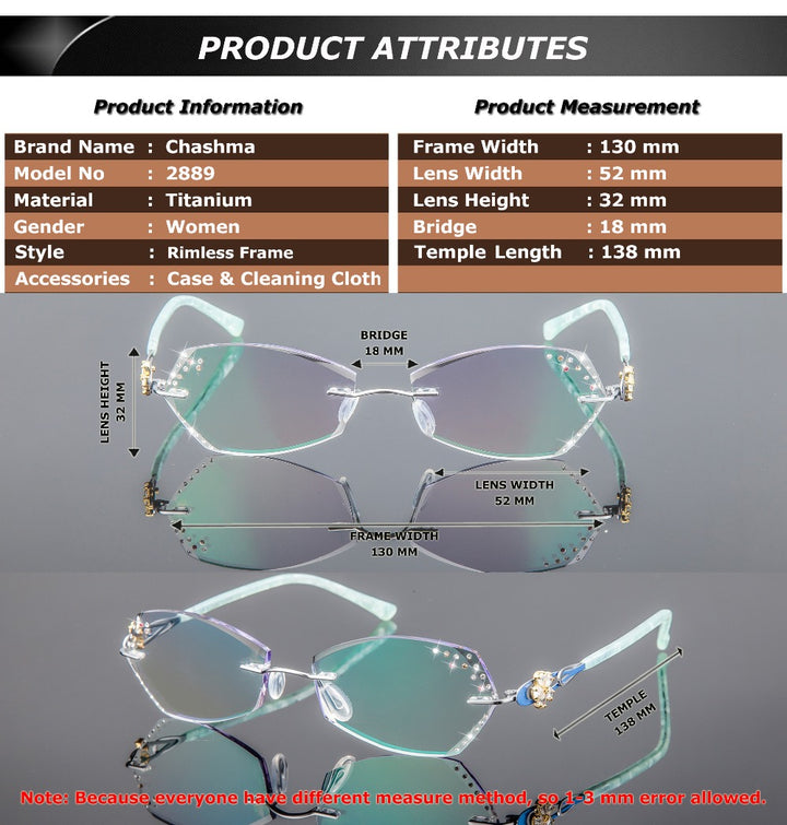 Chashma Women's Rimless Square Titanium Eyeglasses 2889 Rimless Chashma
