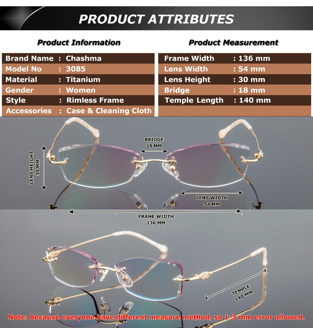 Chashma Women's Rimless Eyeglasses Diamond Cut Tint Lenses 3085 Rimless Chashma