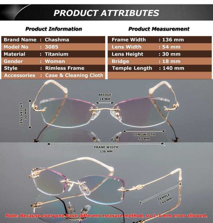 Chashma Women's Rimless Eyeglasses Diamond Cut Tint Lenses 3085 Rimless Chashma