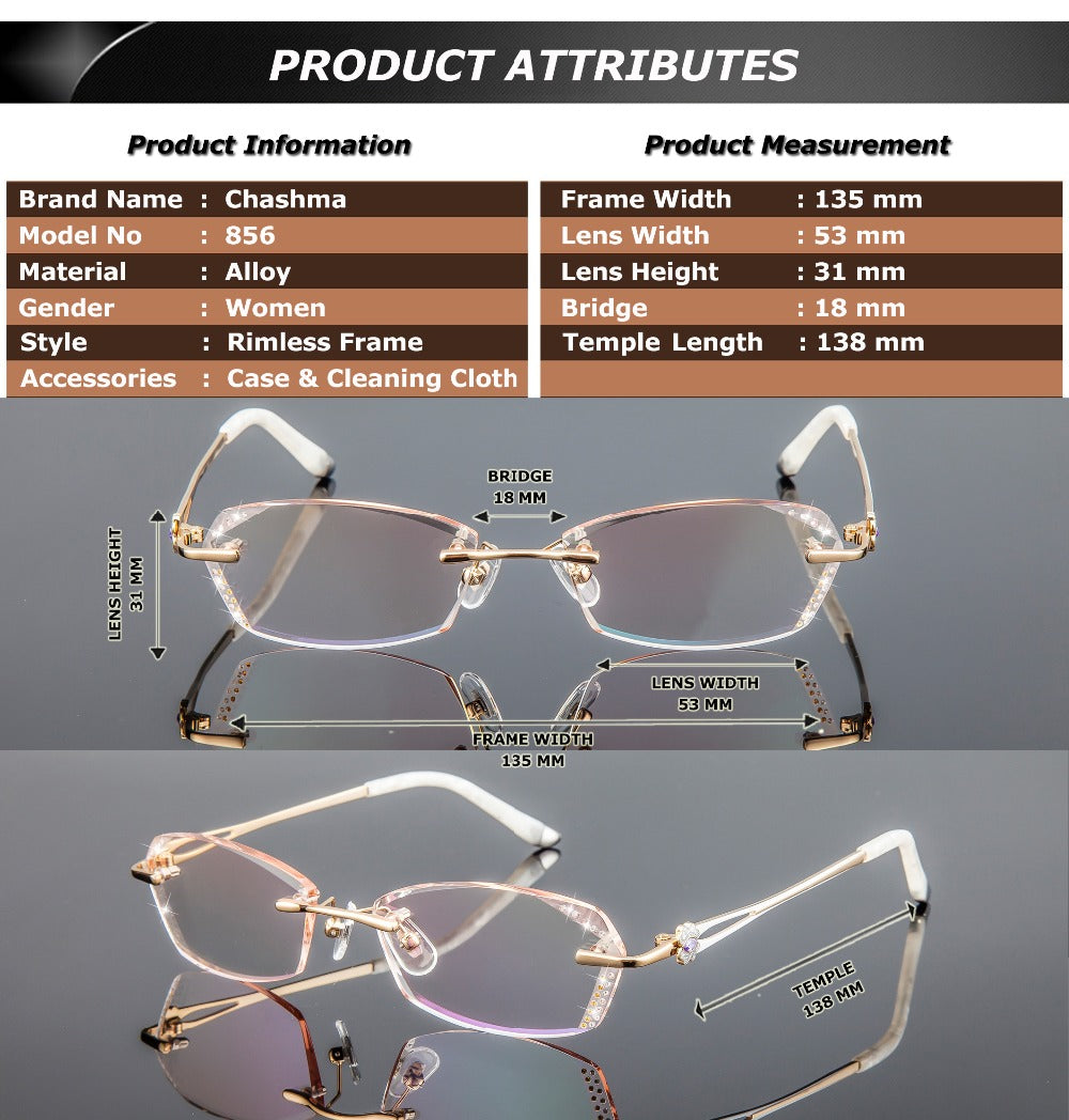 Chashma Women's Rimless Diamond Cut Tint Lenses 856 Rimless Chashma