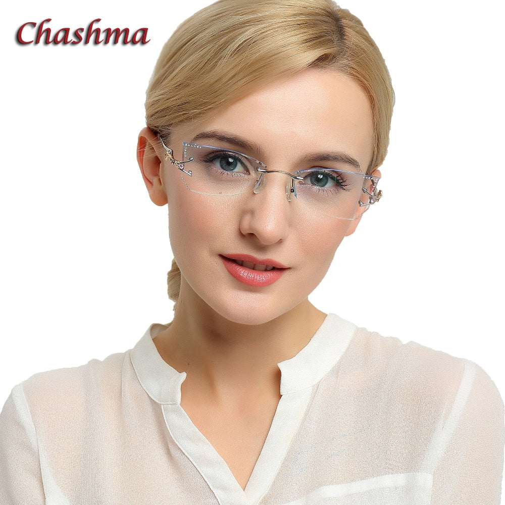 Chashma Women's Rimless Eyeglasses Tint Lenses Titanium Diamond Cut Cat Eye 8036Ce Rimless Chashma