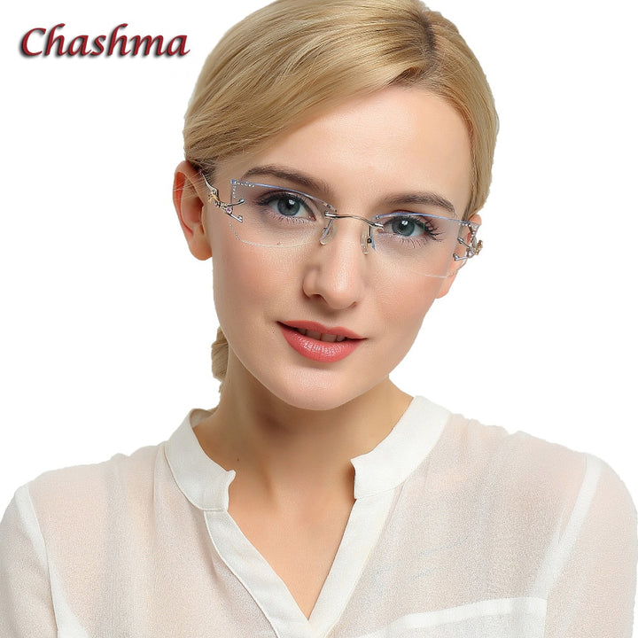 Chashma Women's Rimless Eyeglasses Tint Lenses Titanium Diamond Cut Cat Eye 8036Ce Rimless Chashma