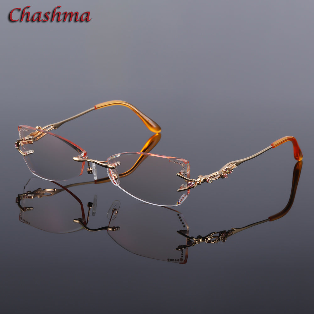 Chashma Women's Rimless Eyeglasses Tint Lenses Titanium Diamond Cut Cat Eye 8036Ce Rimless Chashma