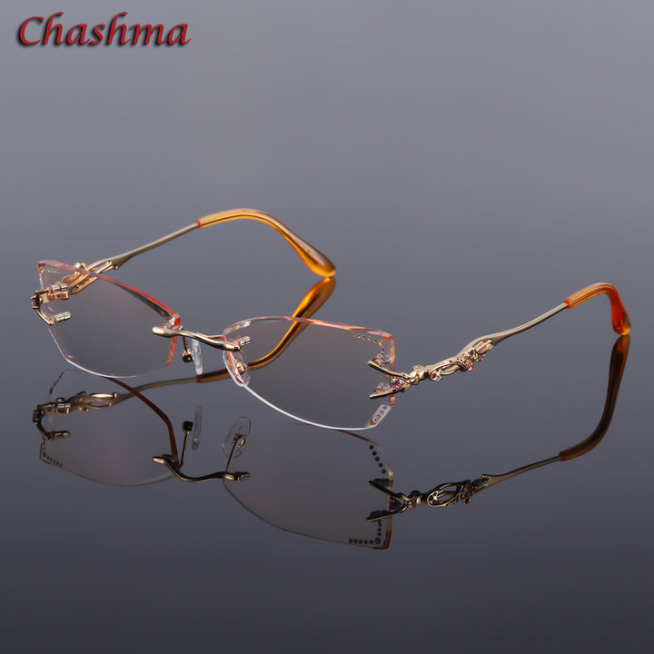 Chashma Women's Rimless Eyeglasses Tint Lenses Titanium Diamond Cut Cat Eye 8036Ce Rimless Chashma