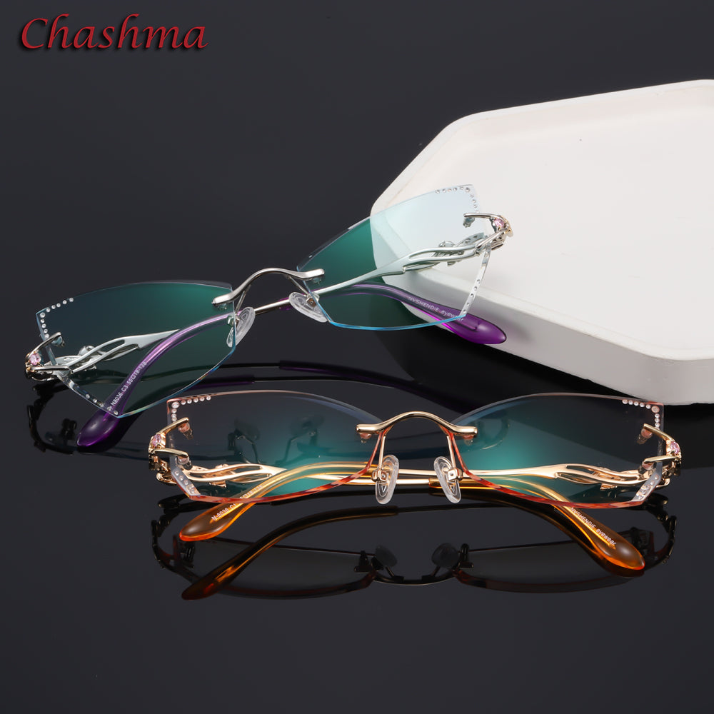 Chashma Women's Rimless Eyeglasses Tint Lenses Titanium Diamond Cut Cat Eye 8036Ce Rimless Chashma
