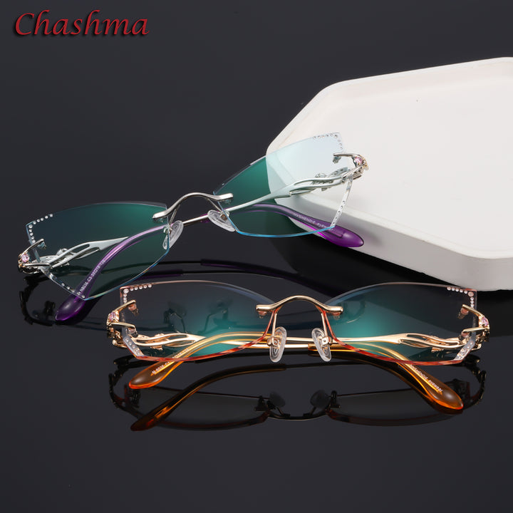 Chashma Women's Rimless Eyeglasses Tint Lenses Titanium Diamond Cut Cat Eye 8036Ce Rimless Chashma