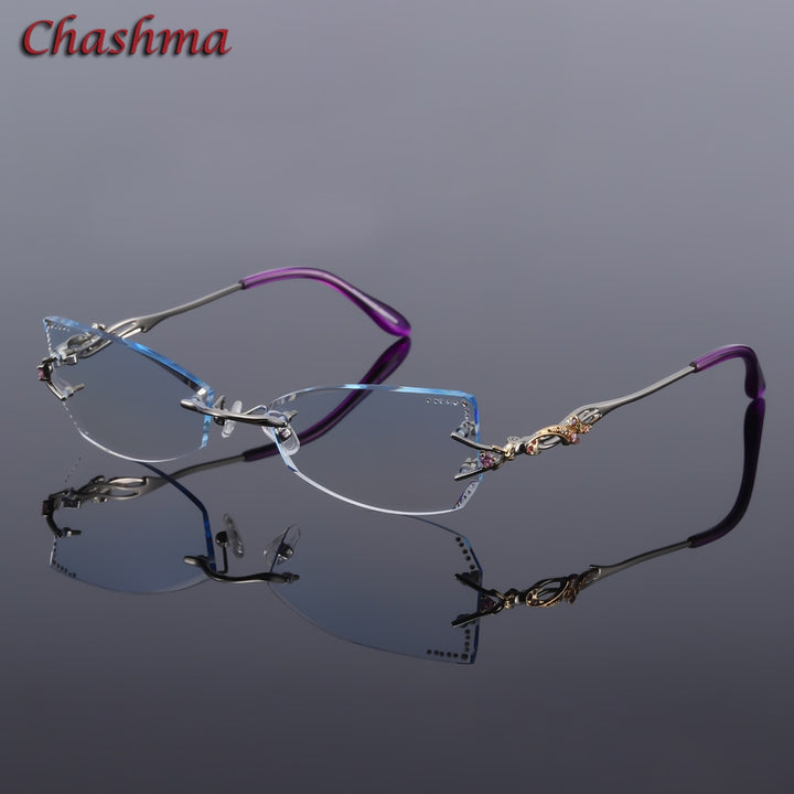 Chashma Women's Rimless Eyeglasses Tint Lenses Titanium Diamond Cut Cat Eye 8036Ce Rimless Chashma