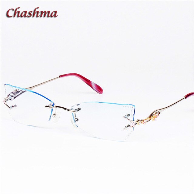Chashma Women's Rimless Eyeglasses Tint Lenses Titanium Diamond Cut Cat Eye 8036Ce Rimless Chashma