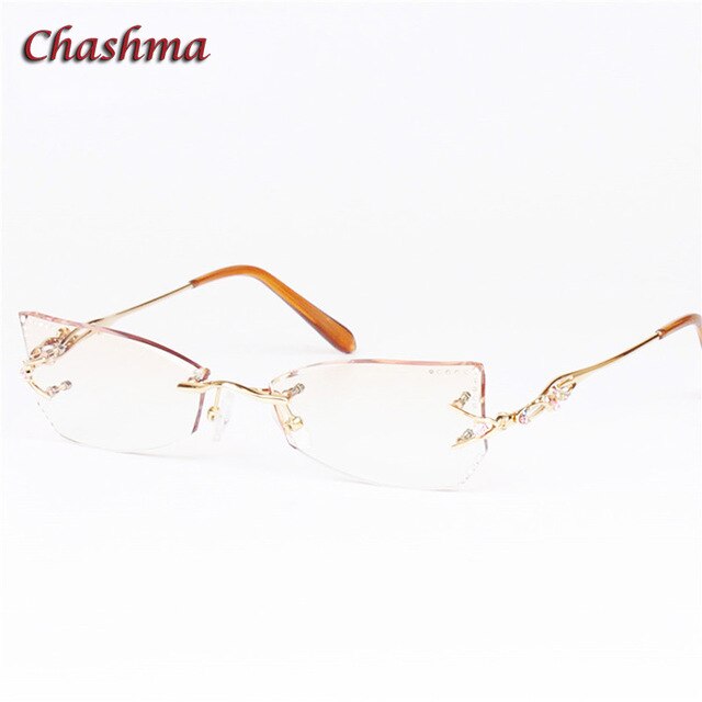 Chashma Women's Rimless Eyeglasses Tint Lenses Titanium Diamond Cut Cat Eye 8036Ce Rimless Chashma