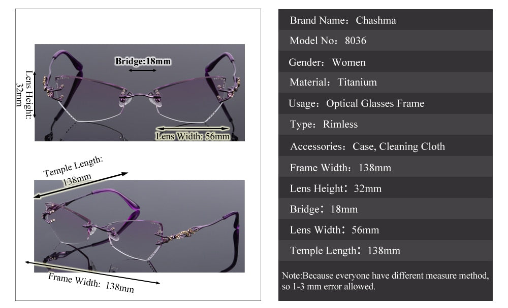 Chashma Women's Rimless Eyeglasses Tint Lenses Titanium Diamond Cut Cat Eye 8036Ce Rimless Chashma