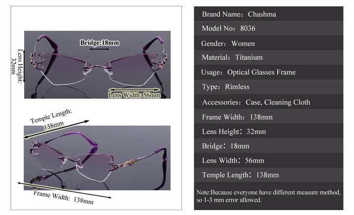Chashma Women's Rimless Eyeglasses Tint Lenses Titanium Diamond Cut Cat Eye 8036Ce Rimless Chashma