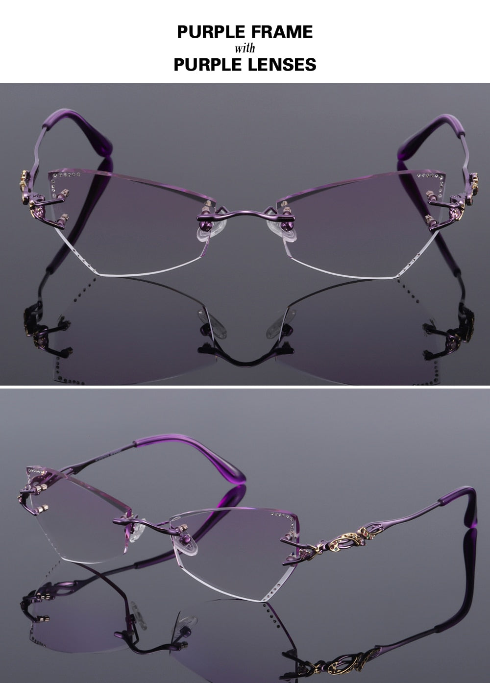 Chashma Women's Rimless Eyeglasses Tint Lenses Titanium Diamond Cut Cat Eye 8036Ce Rimless Chashma