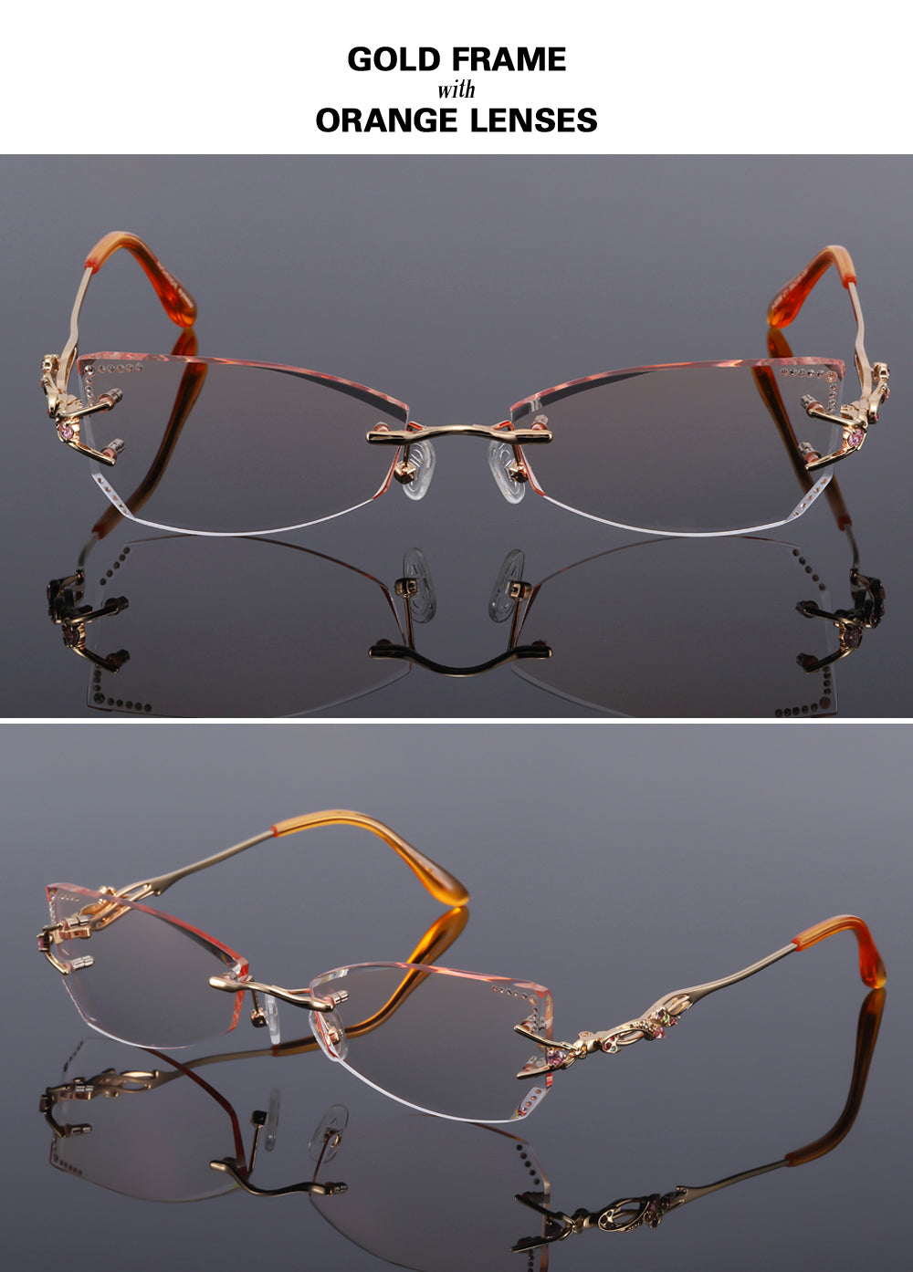 Chashma Women's Rimless Eyeglasses Tint Lenses Titanium Diamond Cut Cat Eye 8036Ce Rimless Chashma