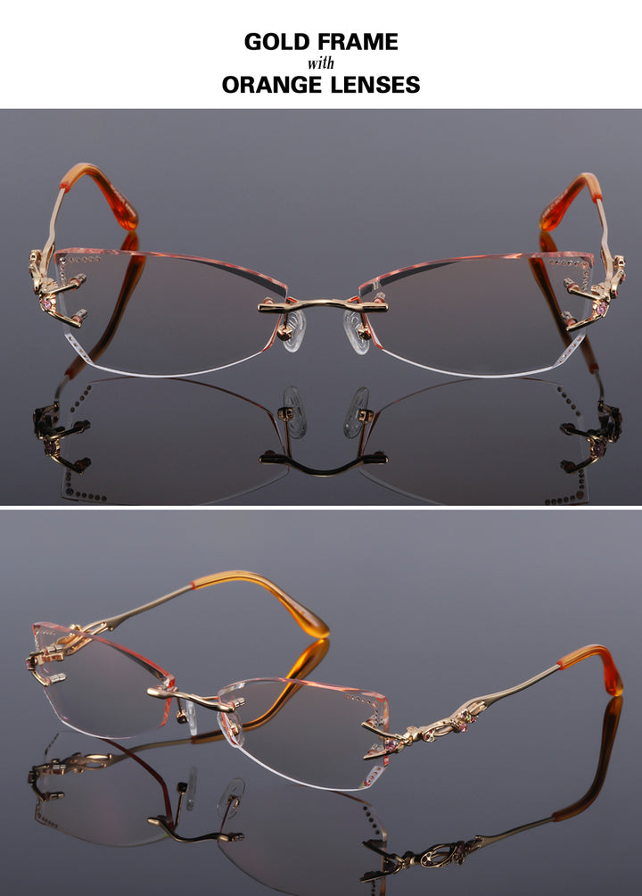 Chashma Women's Rimless Eyeglasses Tint Lenses Titanium Diamond Cut Cat Eye 8036Ce Rimless Chashma