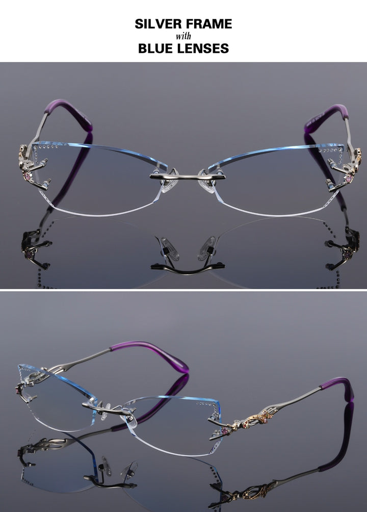 Chashma Women's Rimless Eyeglasses Tint Lenses Titanium Diamond Cut Cat Eye 8036Ce Rimless Chashma