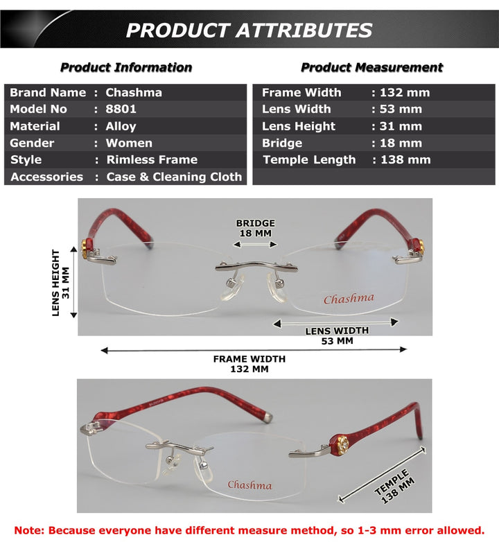 Chashma Women's Rimless Eyeglasses Titanium Frames 58031 Rimless Chashma
