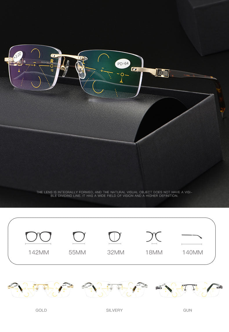 Hotochki Men's Rimless Square Titanium Alloy Progressive Reading Glasses 3255 Reading Glasses Hotochki