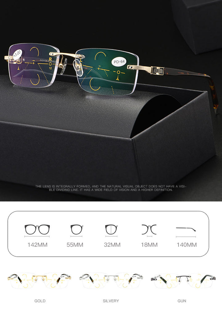 Hotochki Men's Rimless Square Titanium Alloy Progressive Reading Glasses 3255 Reading Glasses Hotochki