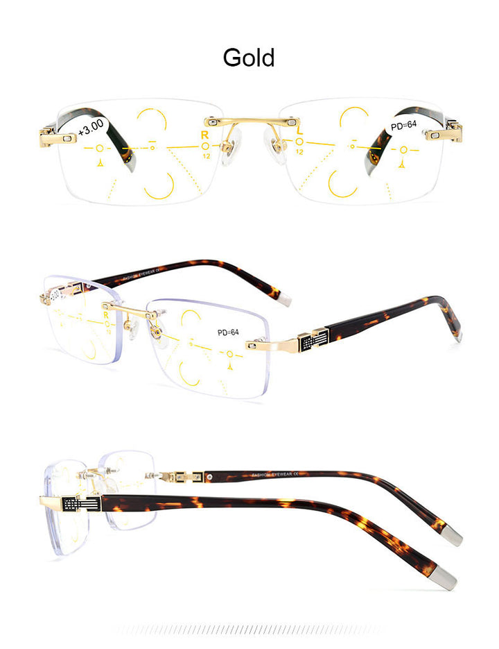 Hotochki Men's Rimless Square Titanium Alloy Progressive Reading Glasses 3255 Reading Glasses Hotochki