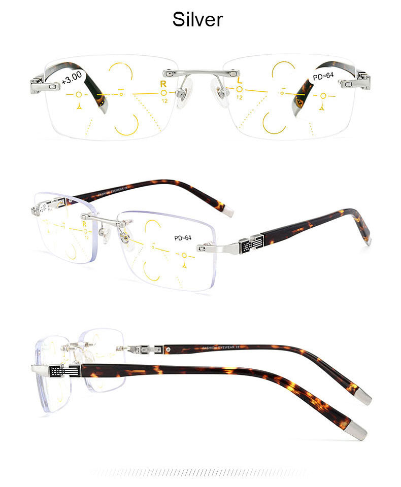 Hotochki Men's Rimless Square Titanium Alloy Progressive Reading Glasses 3255 Reading Glasses Hotochki