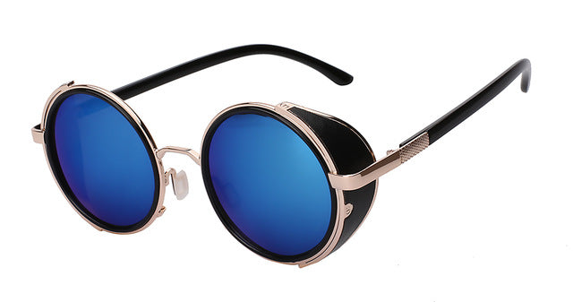 Xiu Sunglasses Steampunk Men Sunglass Round Metal Wrap Uv400 Sunglasses Xiu C6 Gold w blue mirr  