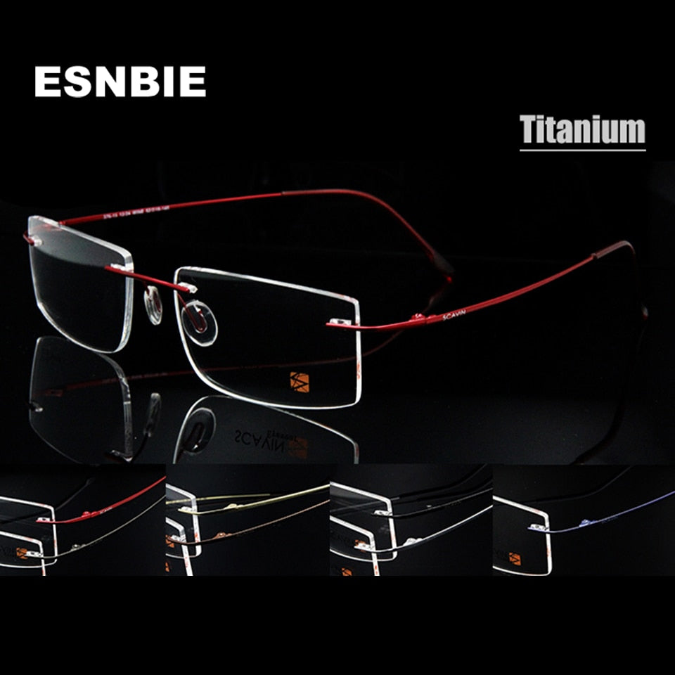 Esnbie Computer Rimless Titanium Glasses Frame Men Memory Eyeglass Frames 7 Colors Square Shape Rimless Esnbie