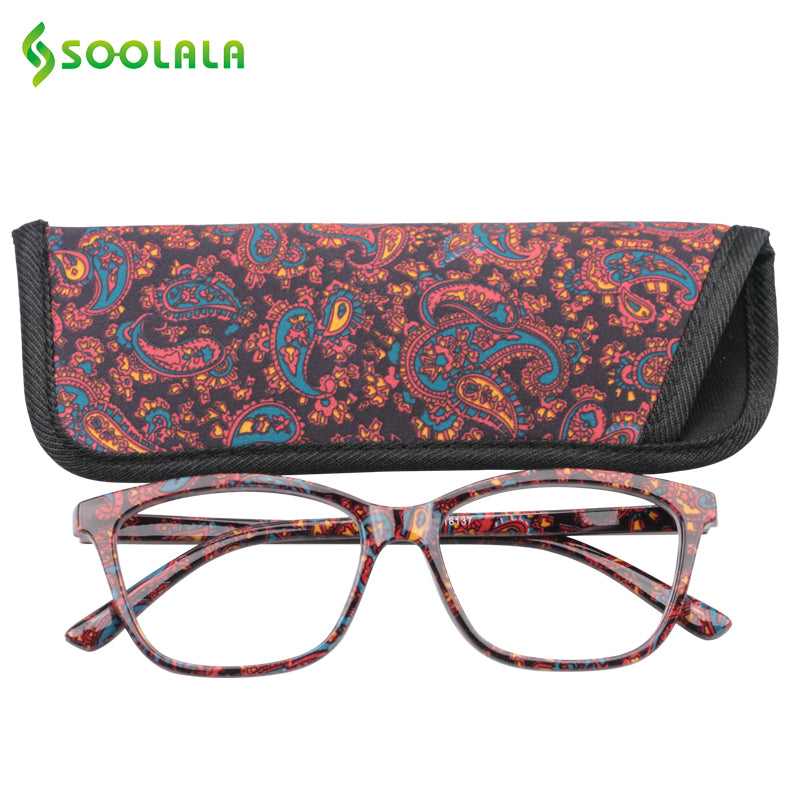 Soolala Brand Unisex Square Tr 90 Printed Reading Glasses Pouch Spring Hinge 49617 Reading Glasses SooLala Tea Floral 0 