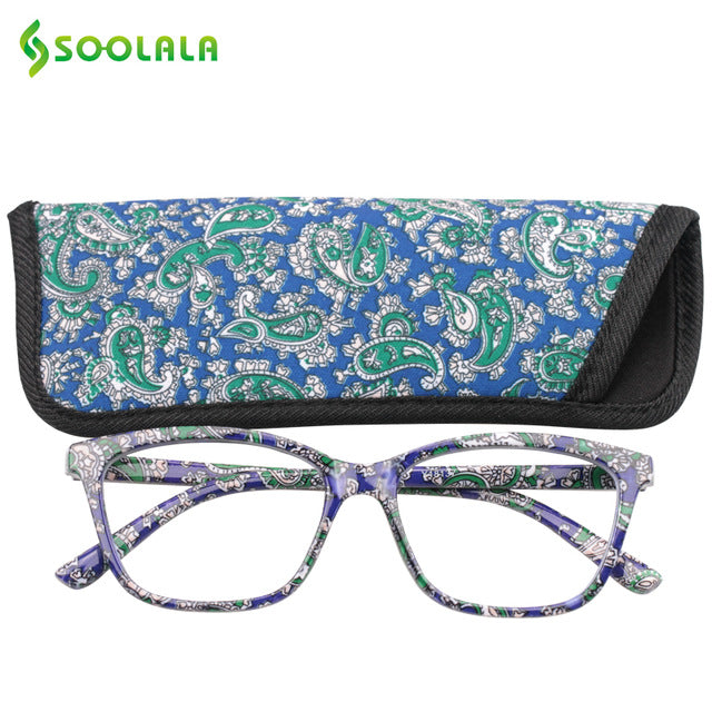 Soolala Brand Unisex Square Tr 90 Printed Reading Glasses Pouch Spring Hinge 49617 Reading Glasses SooLala Blue Floral 0 