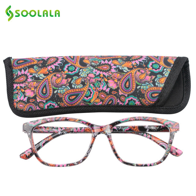 Soolala Brand Unisex Square Tr 90 Printed Reading Glasses Pouch Spring Hinge 49617 Reading Glasses SooLala Purple Floral 0 