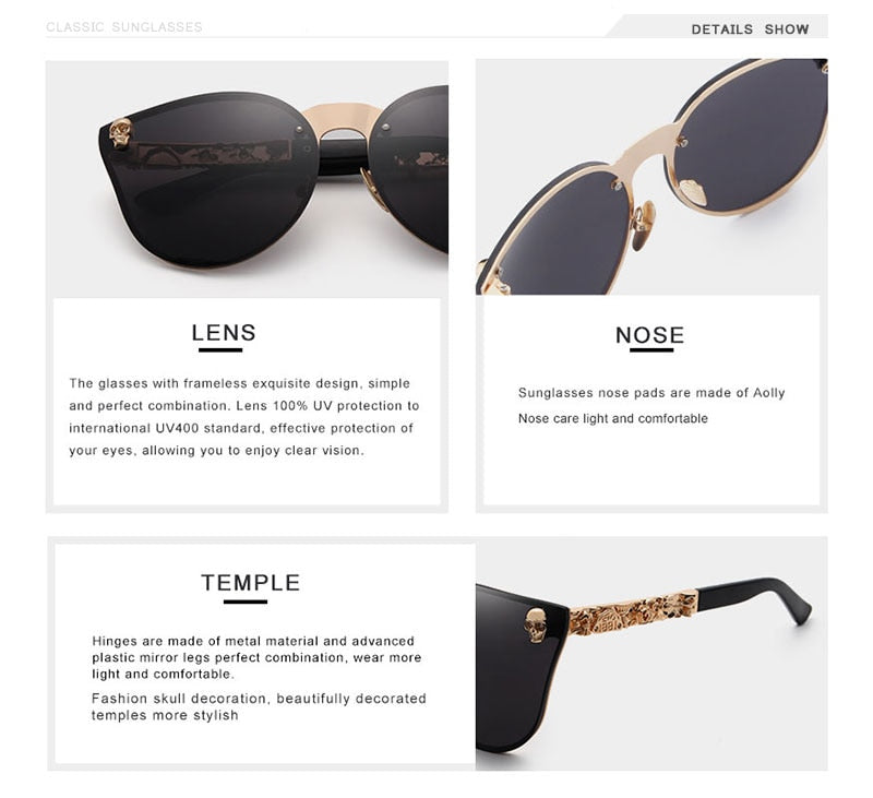 Oley Luxury Brand Women Gothic Mirror Sunglasses Skull Frame Metal Temple Y7001 Sunglasses Oley