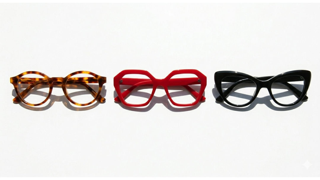 Three pairs of oversized glasses frames in tortoiseshell, red, and black acetate arranged in a bold fashion editorial flat lay