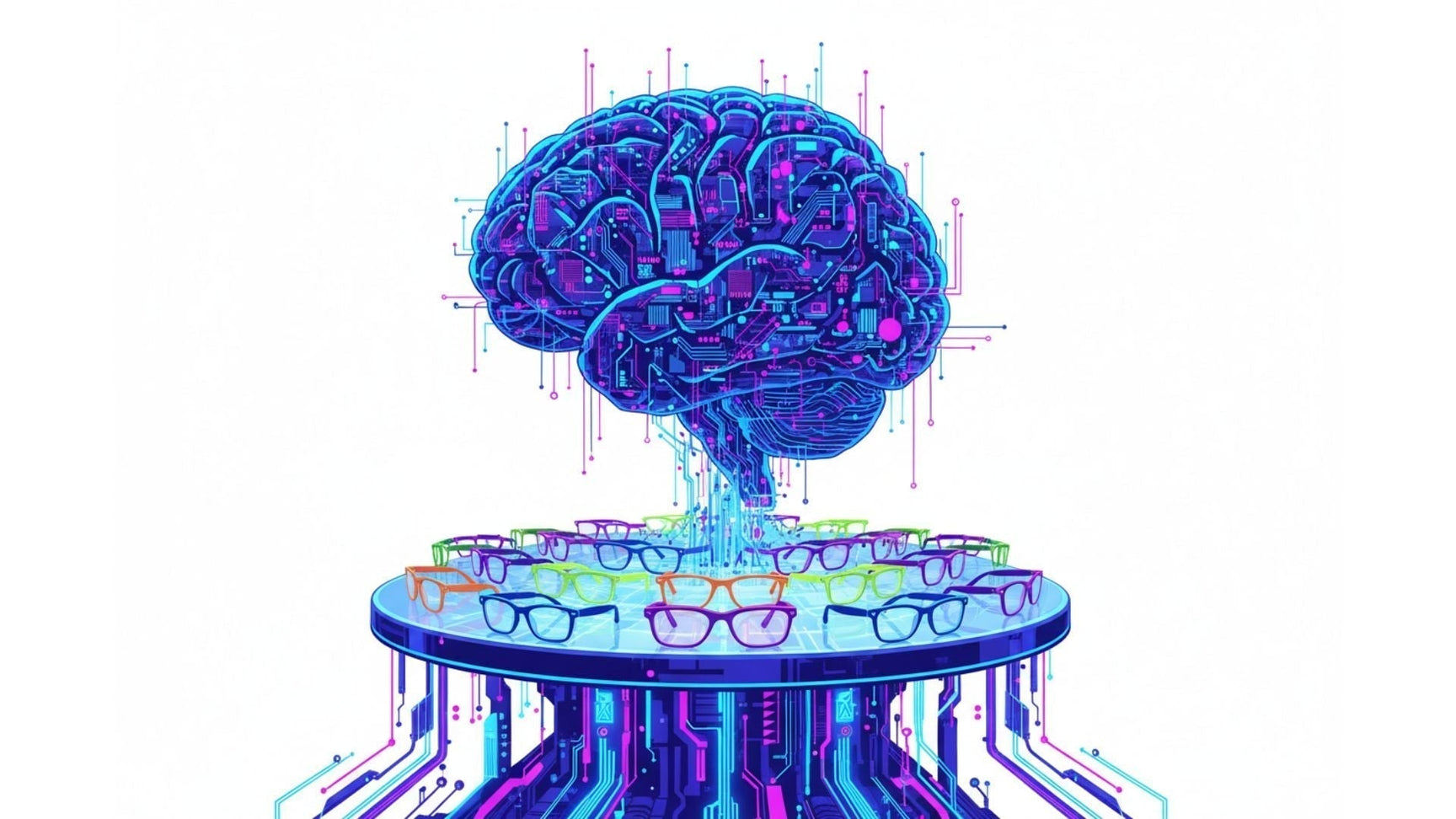 Glowing AI brain above colorful eyeglass frames illustrating AI glasses recommendation technology