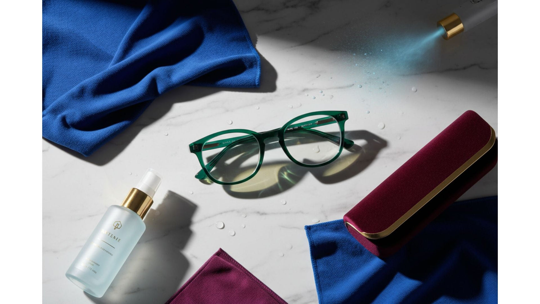 How to care for eyeglasses — flat lay of glasses, cleaning cloth, spray and case by FuzWeb