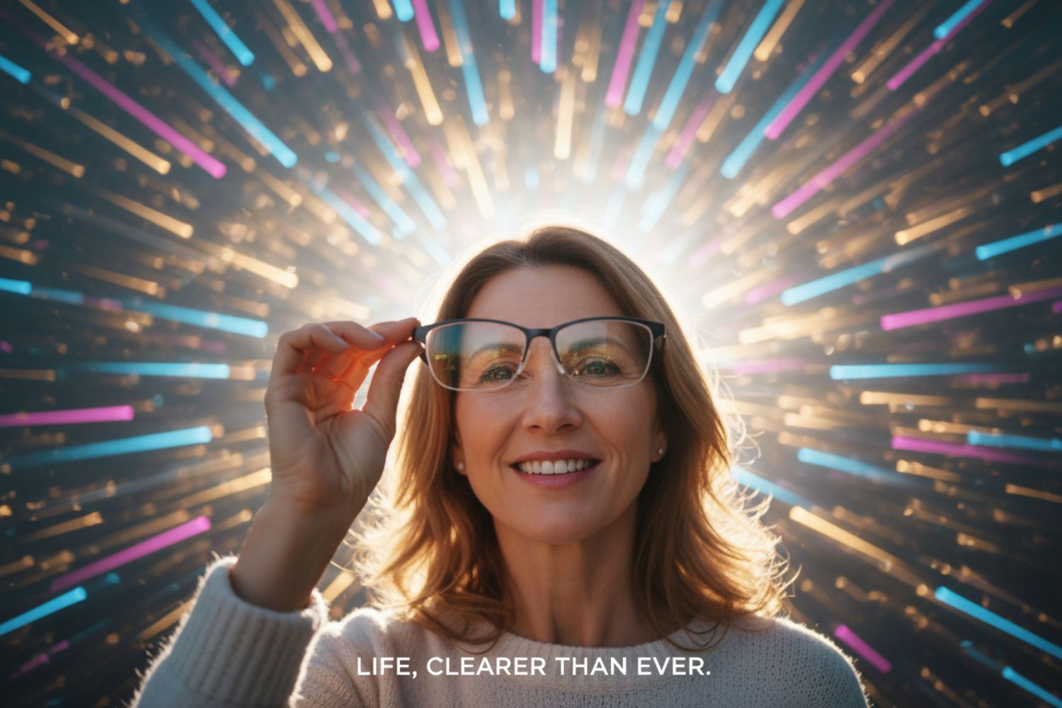 Person over 40 holding progressive lens glasses with vivid colorful light refracting through the lenses symbolizing clear vision at every distance