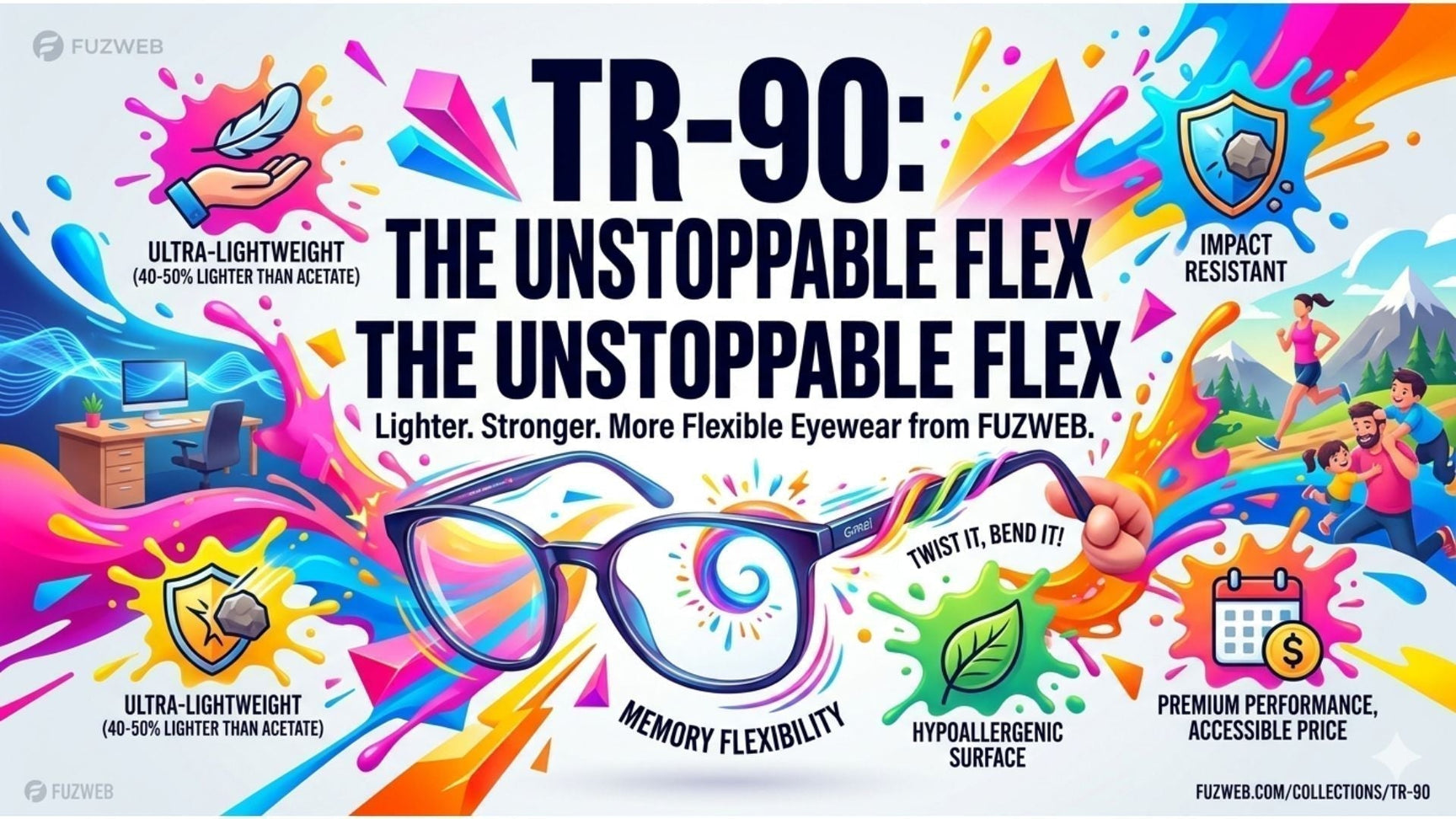 Technicolor infographic demonstrating TR-90 glasses "Unstoppable Flex" and memory flexibility while highlighting key benefits like impact resistance and lightweight comfort.