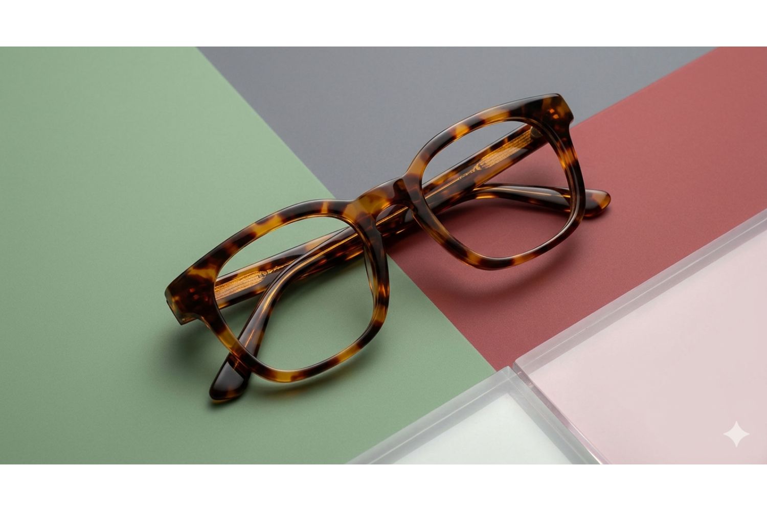A pair of premium tortoiseshell acetate glasses on a geometric surface of sage green, warm burgundy, and translucent blocks.