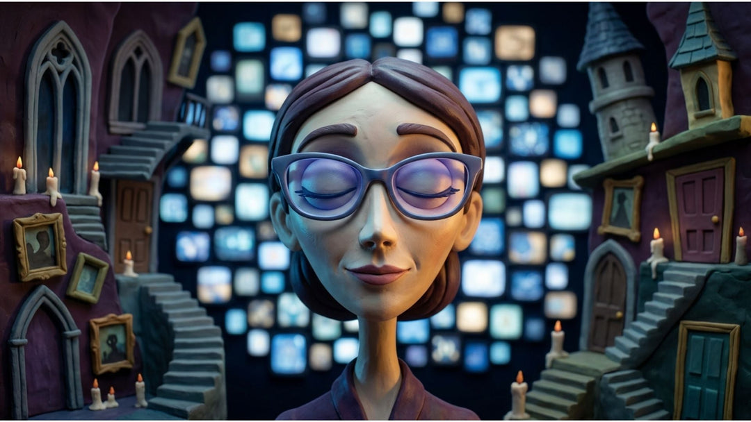 Woman wearing blue light glasses with vivid screen glow and colorful bokeh in dark digital environment