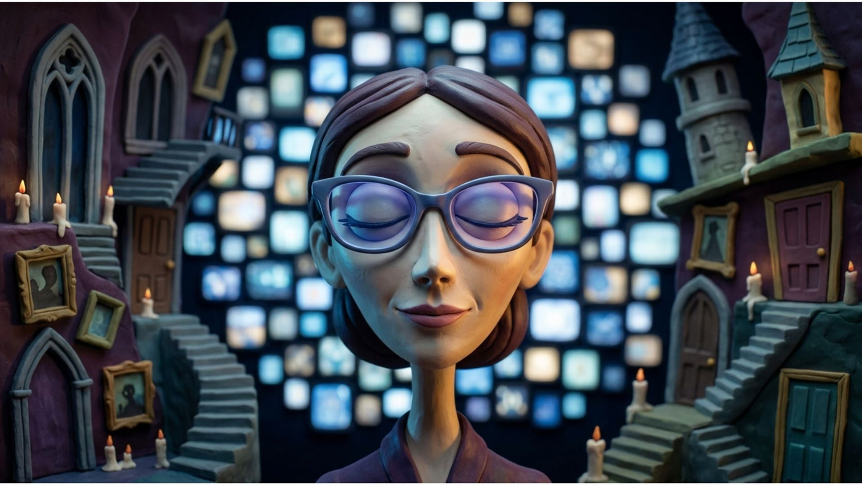 Woman wearing blue light glasses with vivid screen glow and colorful bokeh in dark digital environment